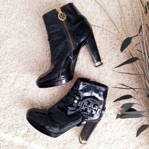 TORY BURCH Gold & Black Patent Leather Booties